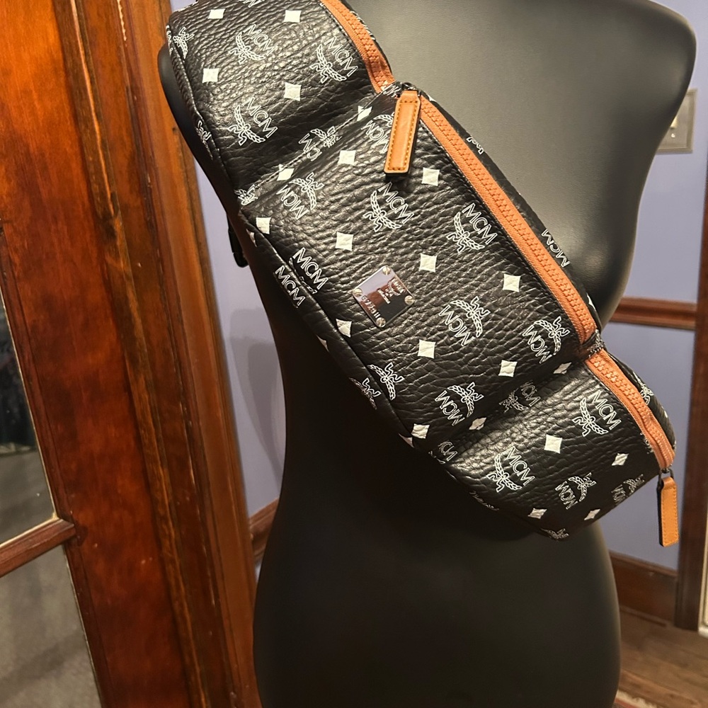 MCM Black Visetos Logo Belt Bag with Brown Trim